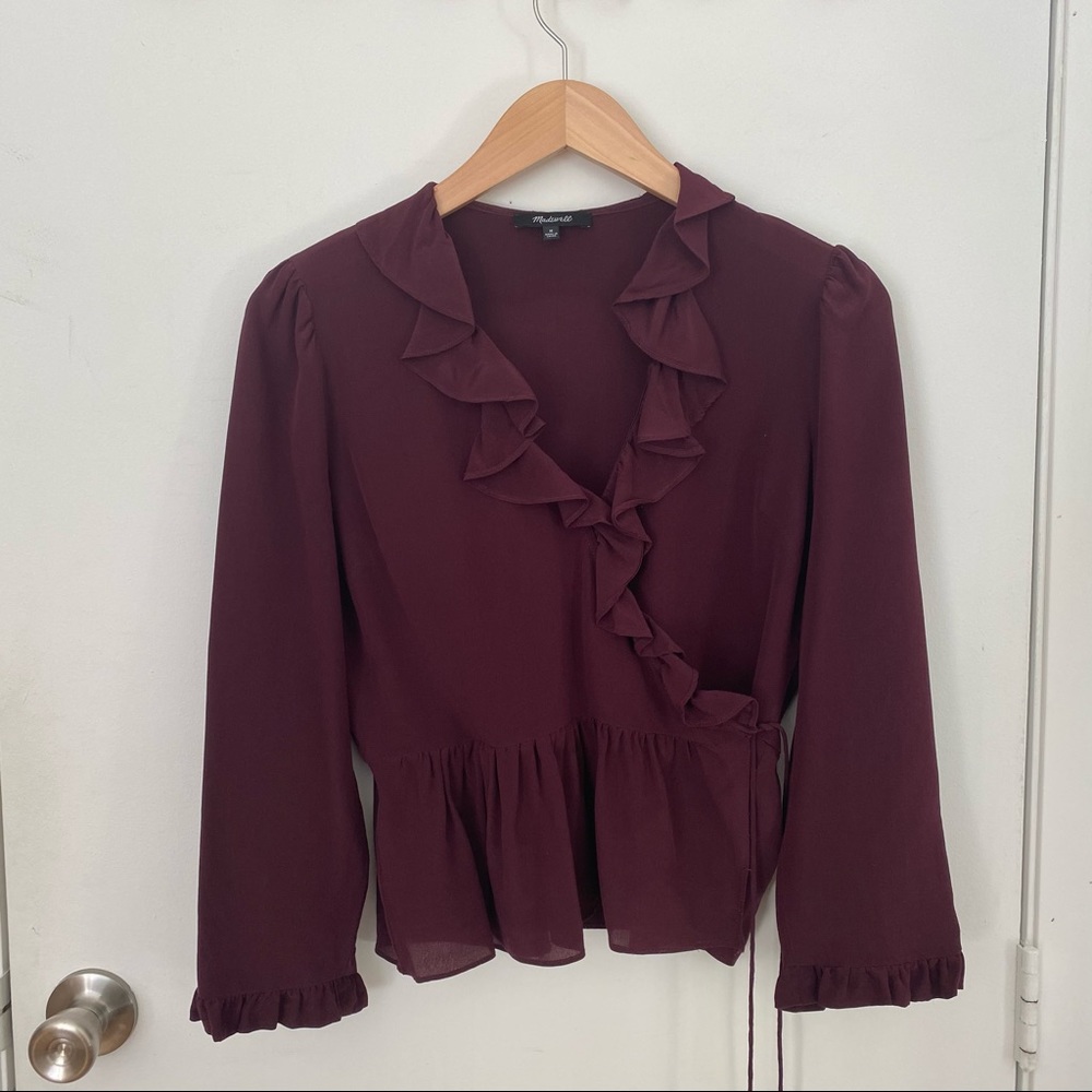 SOLD. Madewell Silk Ruffle Wrap Top